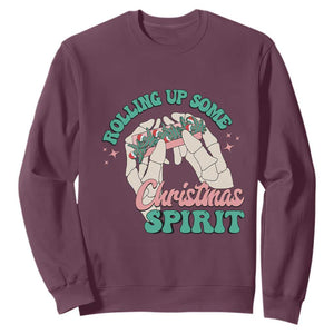 Funny Weed Christmas Sweatshirt Rolling Up Some Christmas Spirit Skeleton Hand TS11 Maroon Print Your Wear