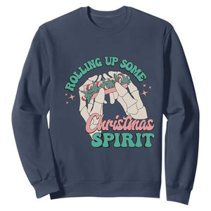 Funny Weed Christmas Sweatshirt Rolling Up Some Christmas Spirit Skeleton Hand TS11 Navy Print Your Wear