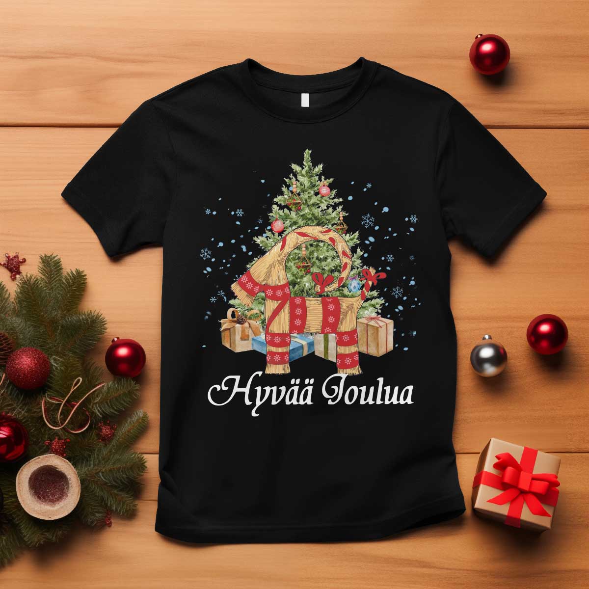 Hyv joulua T Shirt Finland Christmas Yulegoat Xmas Tree Himmeli TS11 Black Print Your Wear