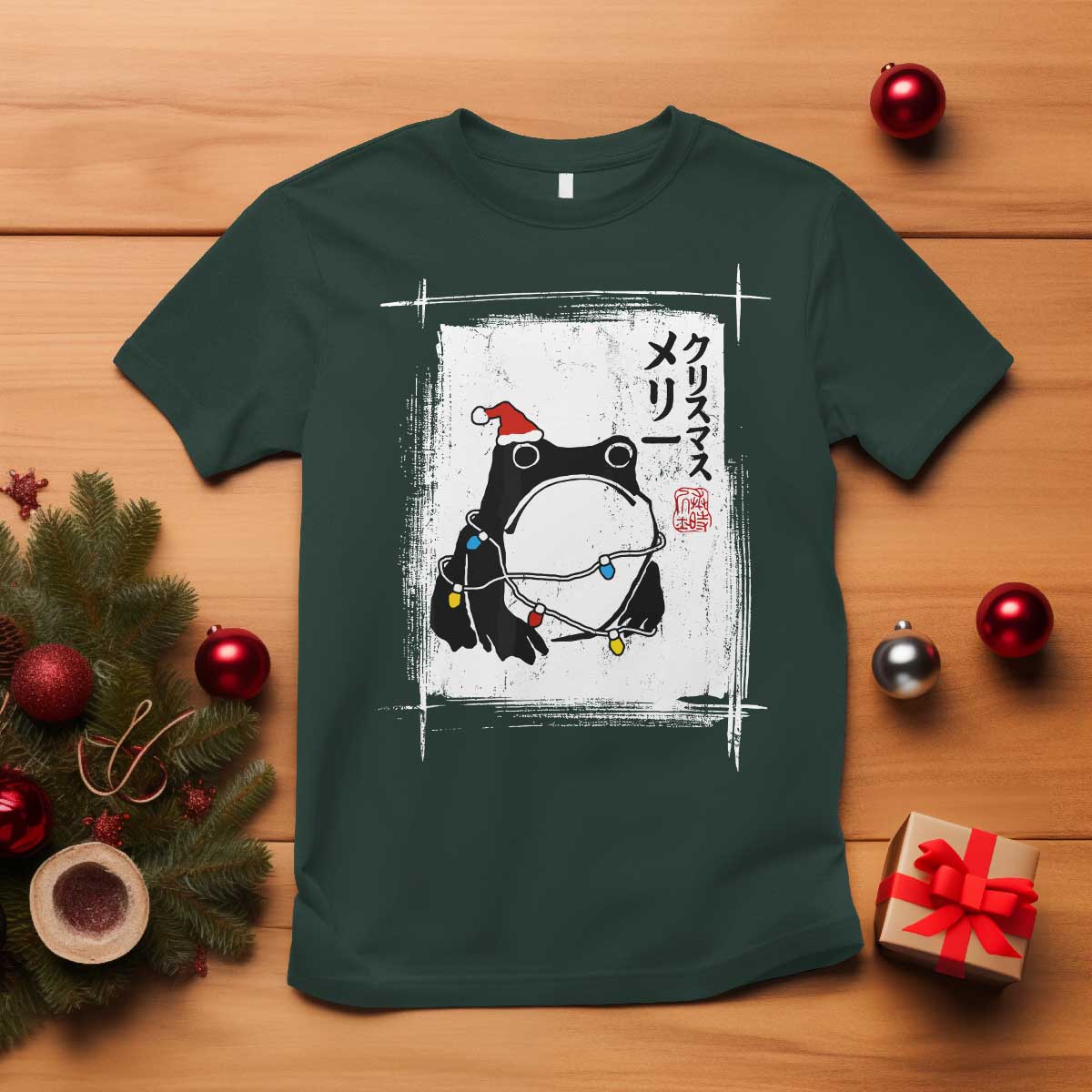 Funny Christmas Japanese T Shirt Santa Frog Ukiyoe Art TS11 Dark Forest Green Print Your Wear
