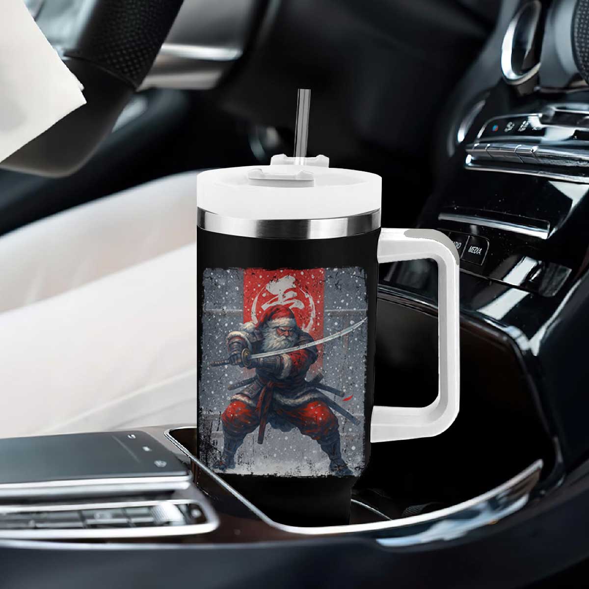 Christmas Samurai Santa Tumbler With Handle Japanese Xmas Warrior Sword Katana TS11 Print Your Wear