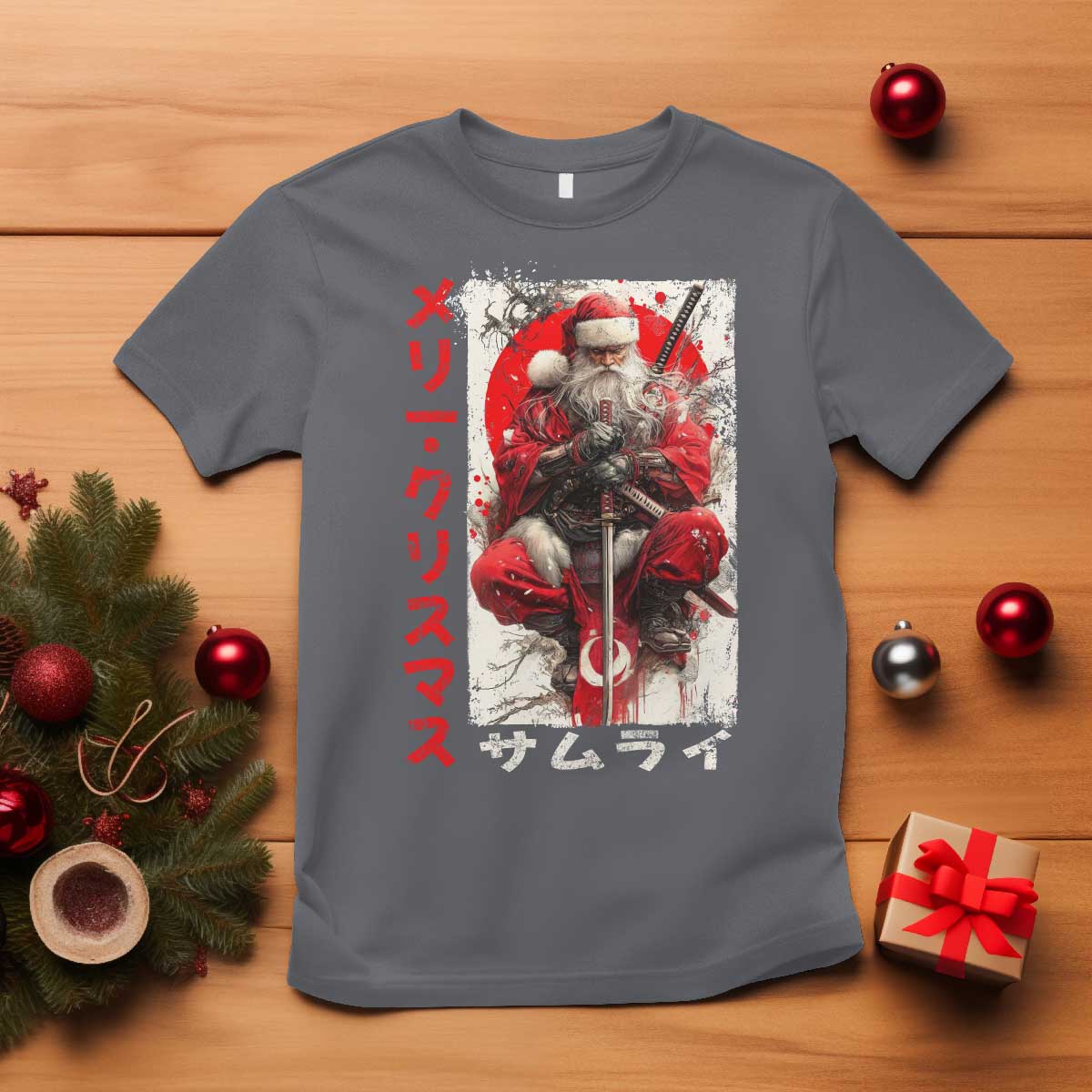 Christmas Samurai Santa T Shirt Japanese Xmas Warrior Ukiyo-e Art TS11 Charcoal Print Your Wear