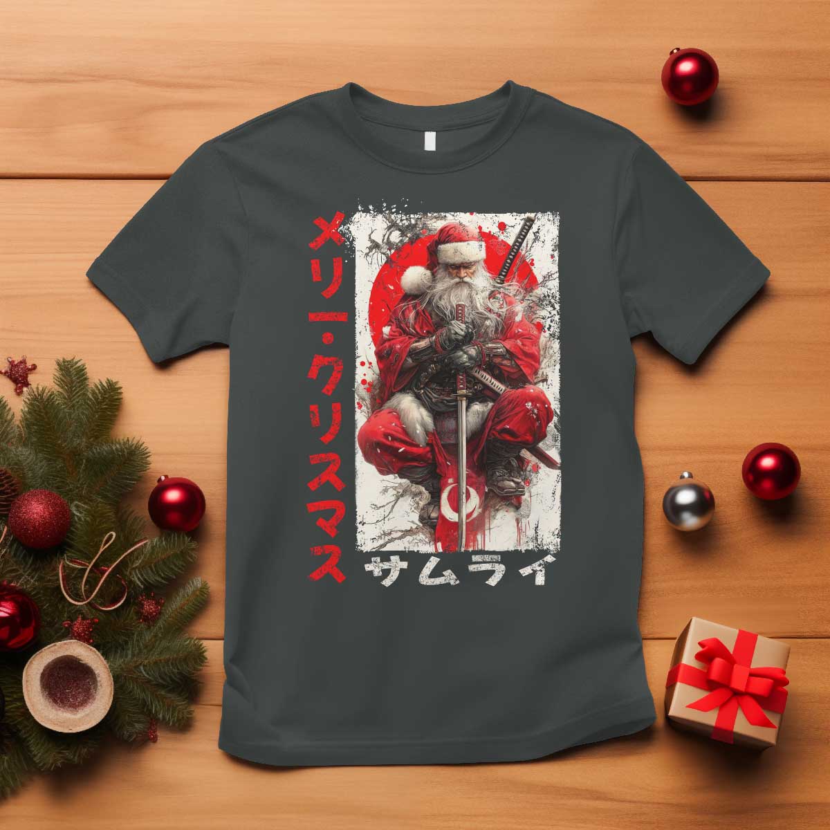 Christmas Samurai Santa T Shirt Japanese Xmas Warrior Ukiyo-e Art TS11 Dark Heather Print Your Wear