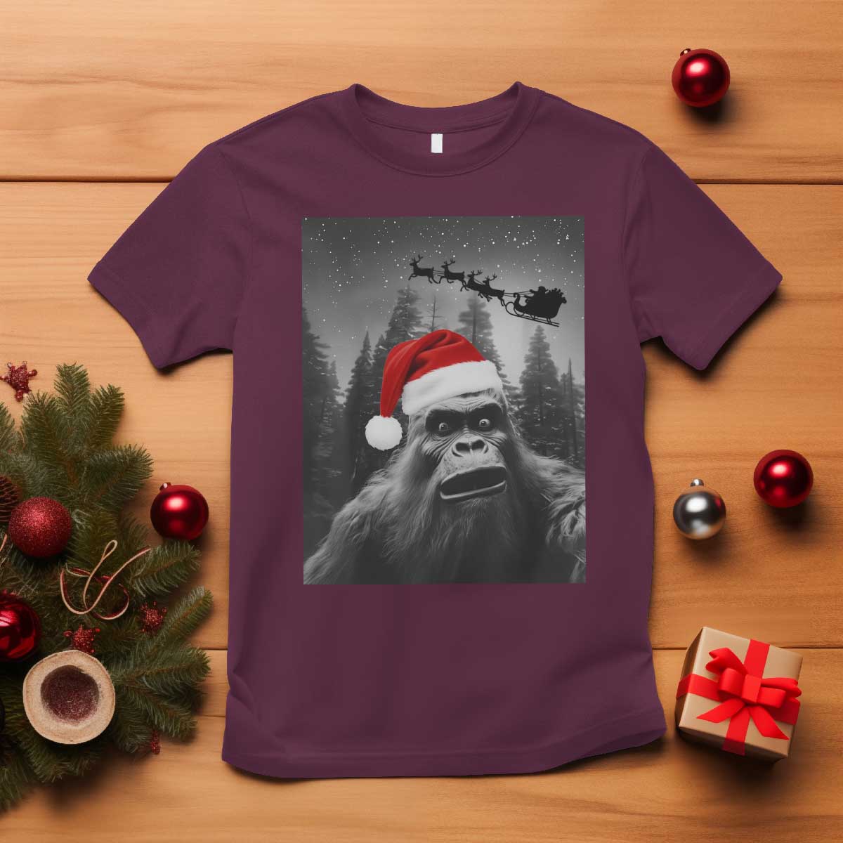 Funny Bigfoot Santas Sleigh Selfie Christmas T Shirt TS11 Maroon Print Your Wear