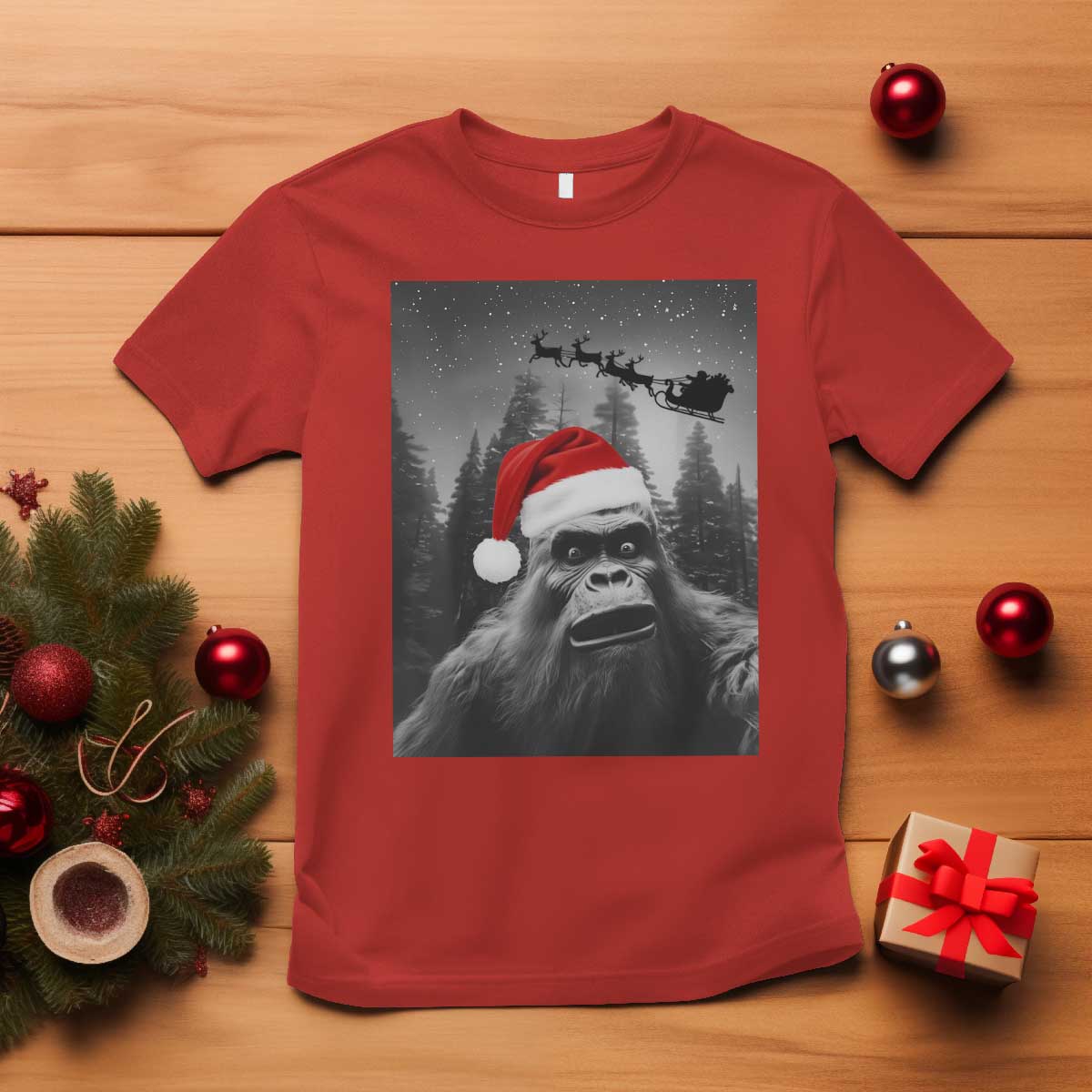 Funny Bigfoot Santas Sleigh Selfie Christmas T Shirt TS11 Red Print Your Wear
