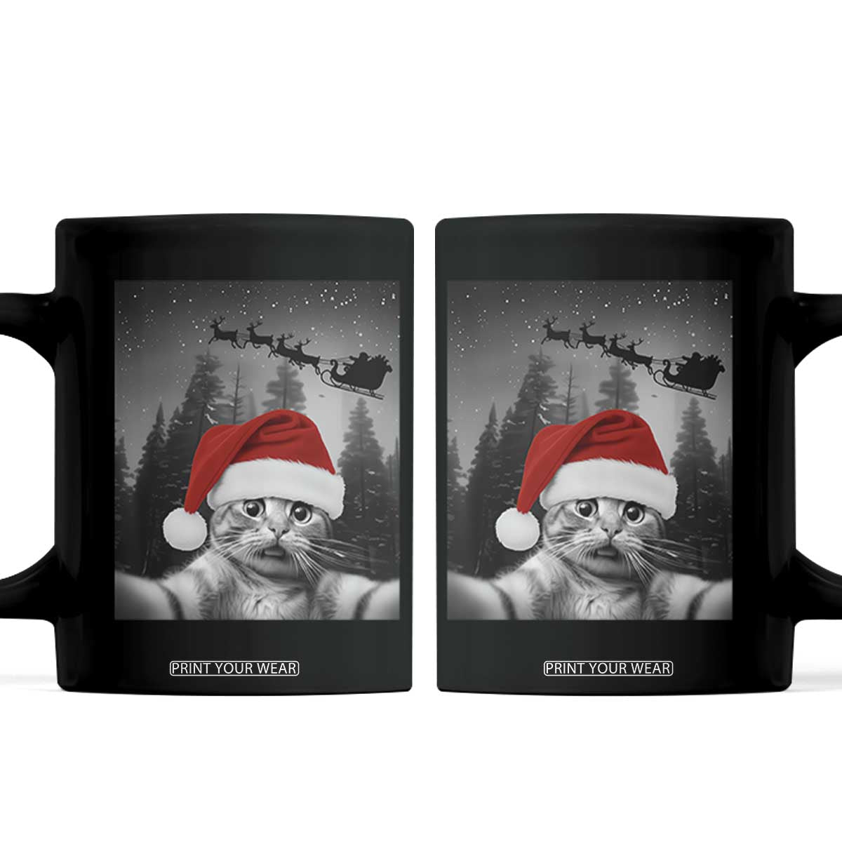 Funny Cat Selfie With Santas Sleigh Christmas Coffee Mug TS11 Black Print Your Wear