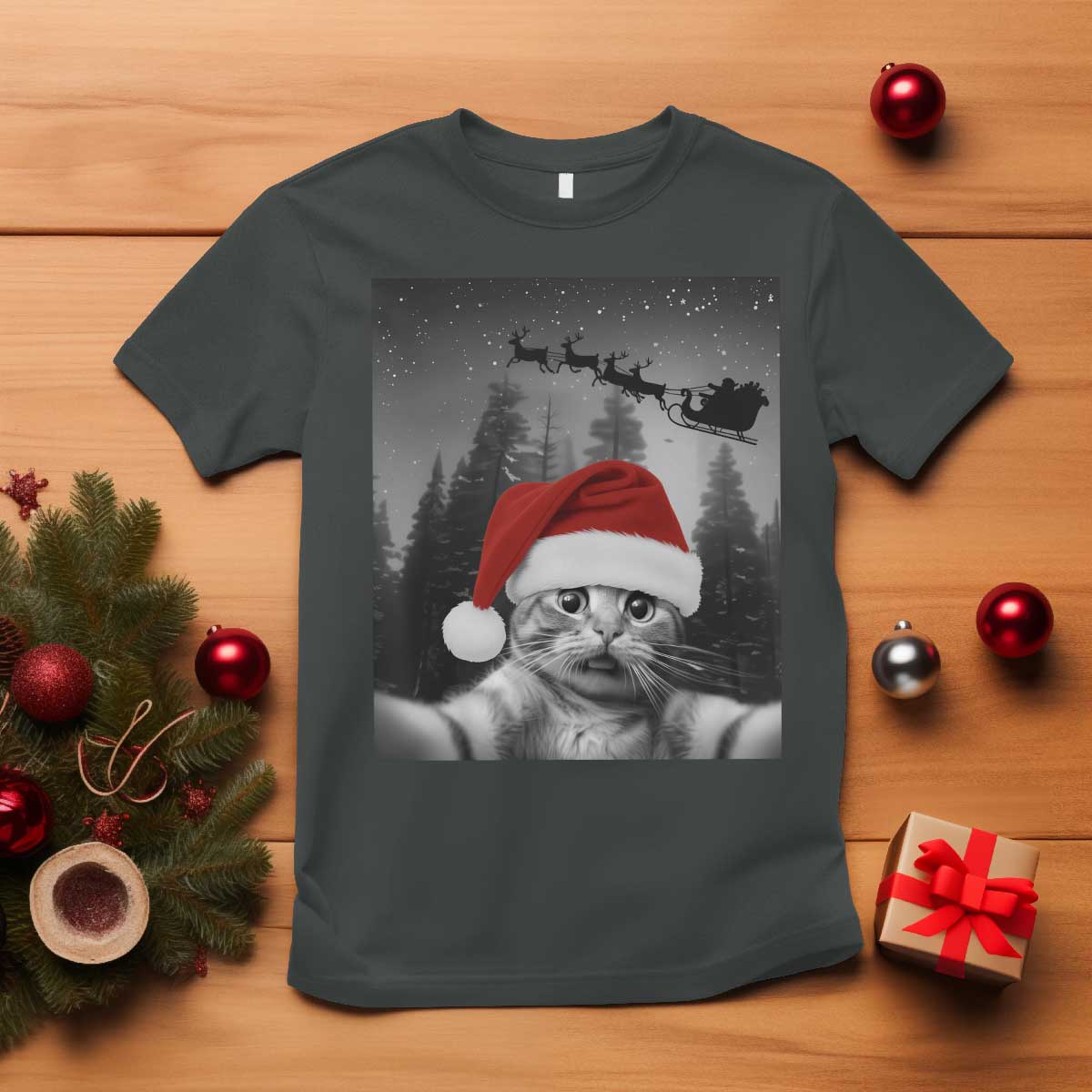 Funny Cat Selfie With Santas Sleigh Christmas T Shirt TS11 Dark Heather Print Your Wear