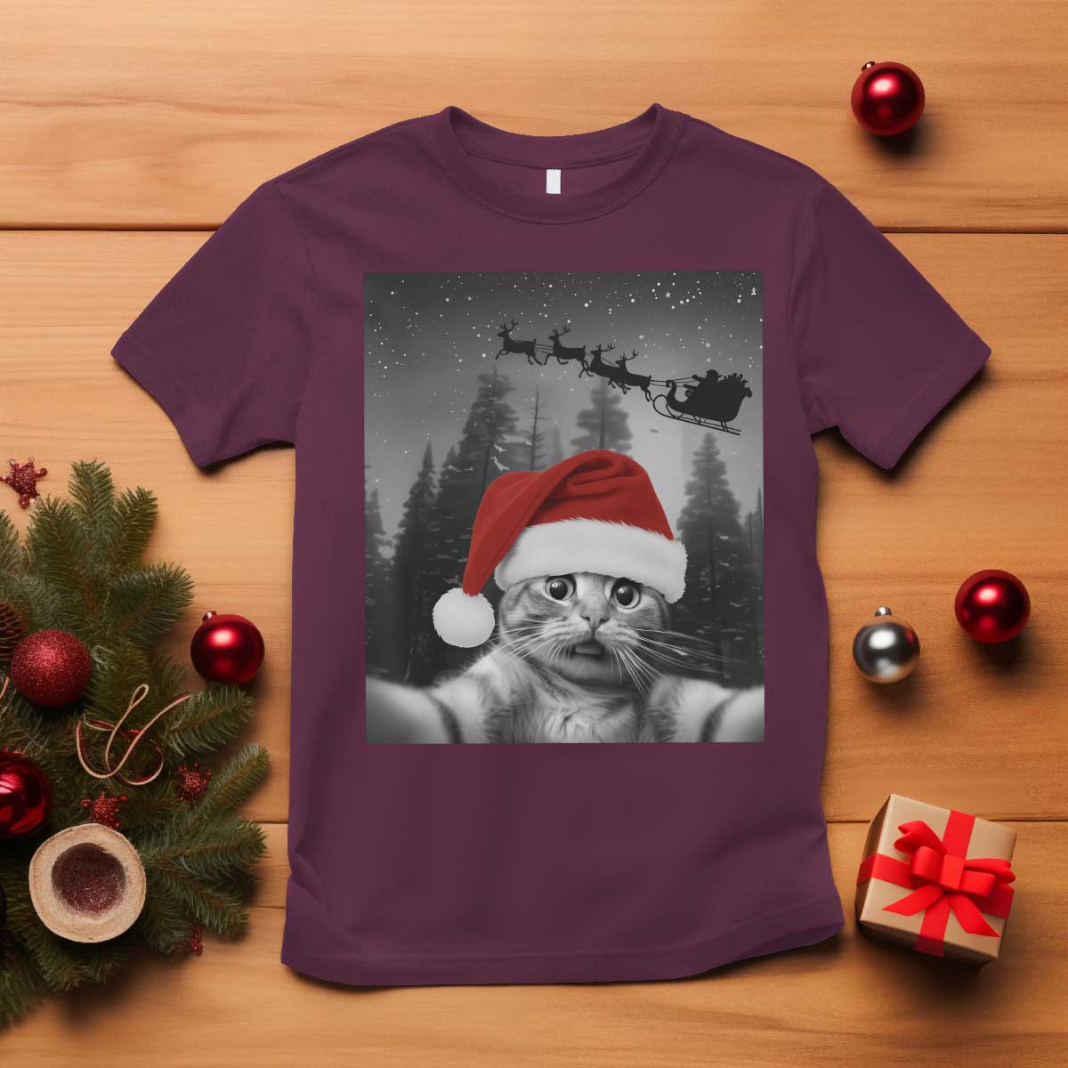 Funny Cat Selfie With Santas Sleigh Christmas T Shirt TS11 Maroon Print Your Wear