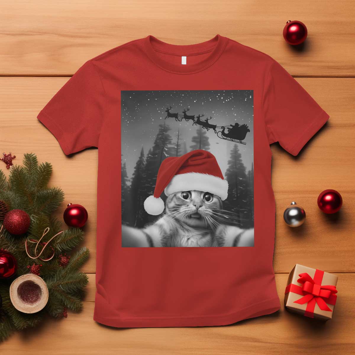 Funny Cat Selfie With Santas Sleigh Christmas T Shirt TS11 Red Print Your Wear