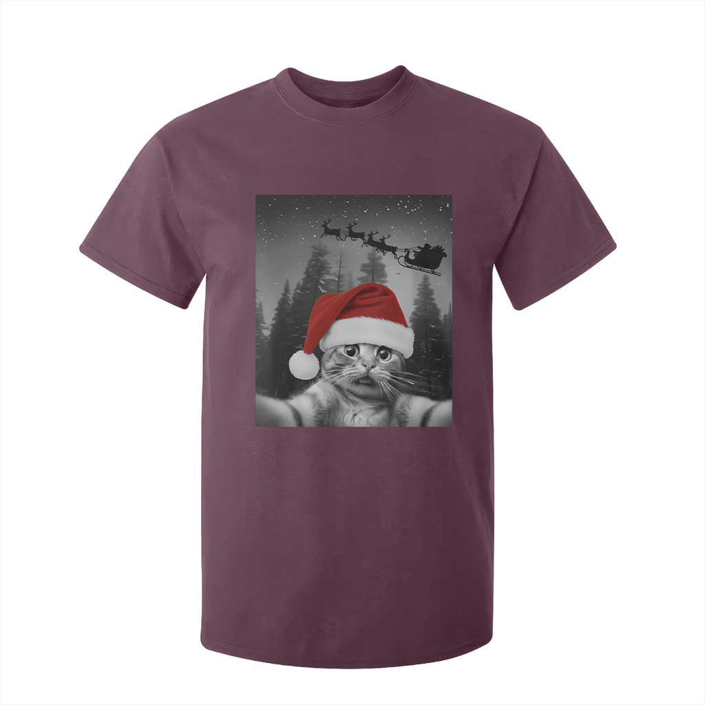 Funny Cat Selfie With Santas Sleigh Christmas T Shirt For Kid TS11 Maroon Print Your Wear