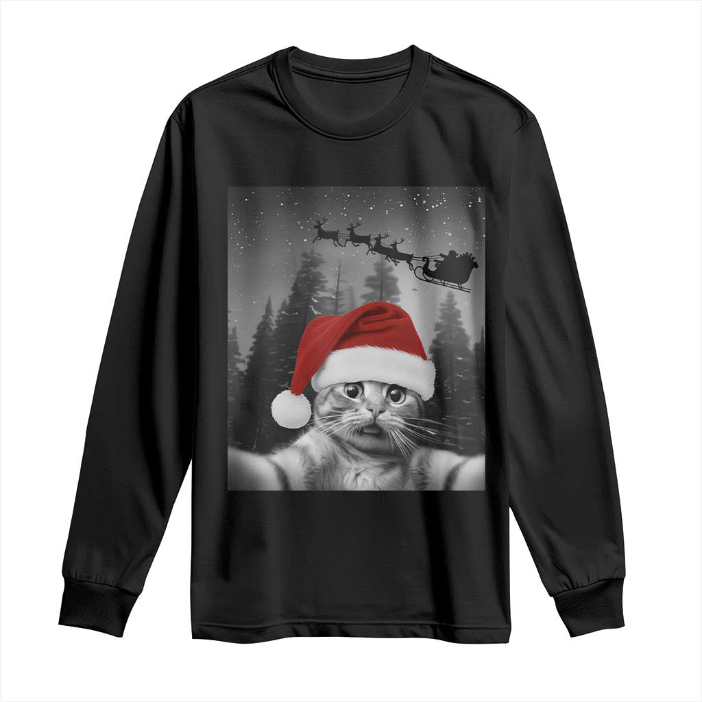 Funny Cat Selfie With Santas Sleigh Christmas Long Sleeve Shirt TS11 Black Print Your Wear