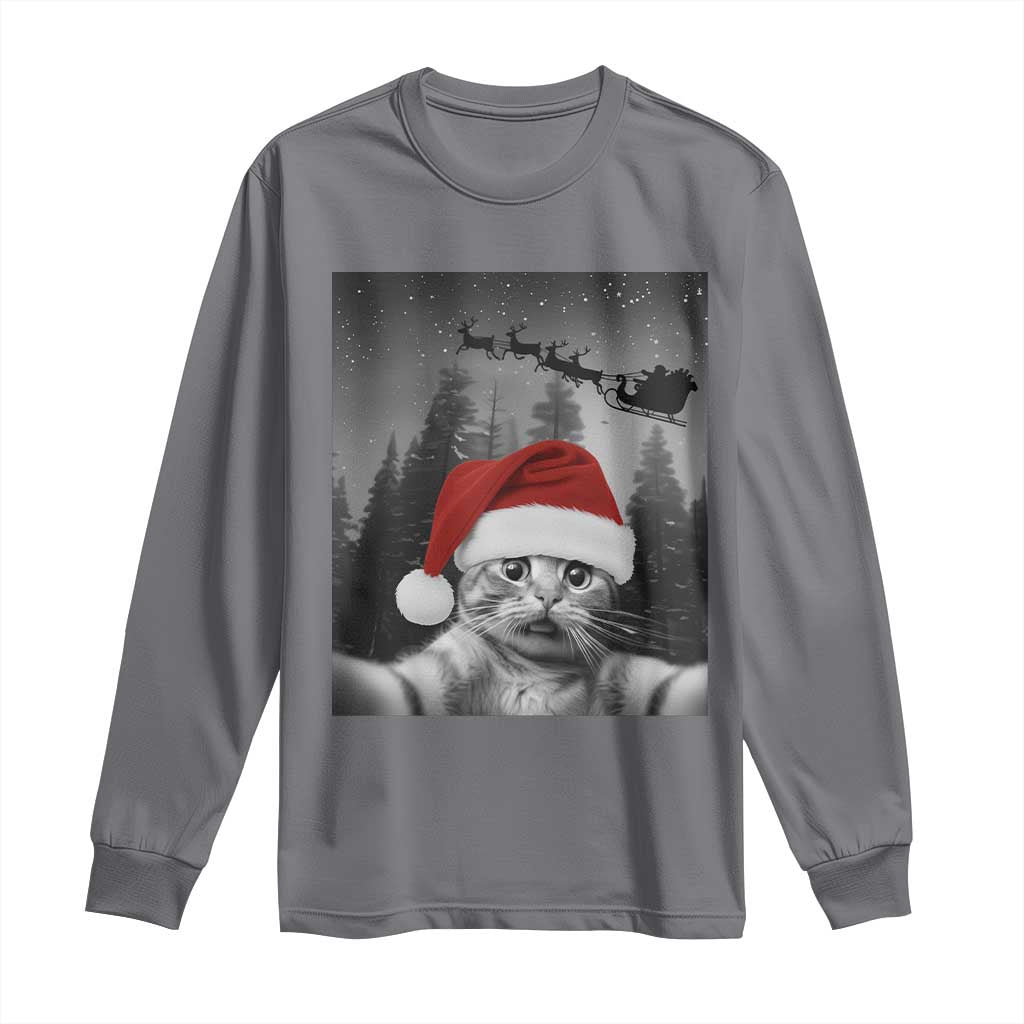 Funny Cat Selfie With Santas Sleigh Christmas Long Sleeve Shirt TS11 Charcoal Print Your Wear