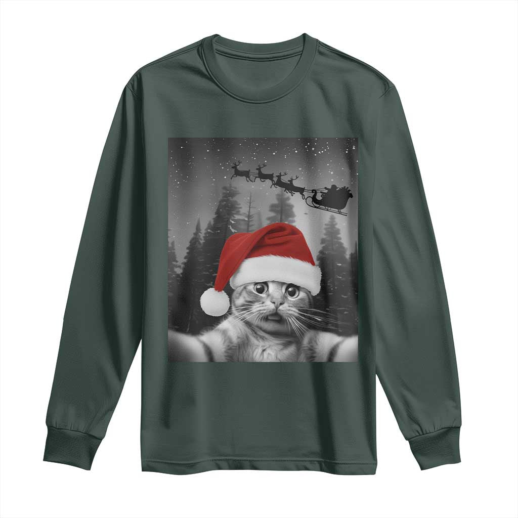 Funny Cat Selfie With Santas Sleigh Christmas Long Sleeve Shirt TS11 Dark Forest Green Print Your Wear
