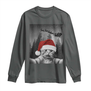 Funny Cat Selfie With Santas Sleigh Christmas Long Sleeve Shirt TS11 Dark Heather Print Your Wear