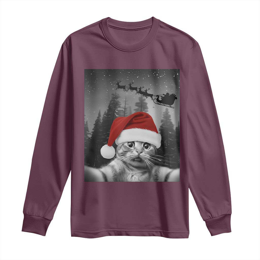 Funny Cat Selfie With Santas Sleigh Christmas Long Sleeve Shirt TS11 Maroon Print Your Wear