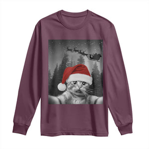 Funny Cat Selfie With Santas Sleigh Christmas Long Sleeve Shirt TS11 Maroon Print Your Wear