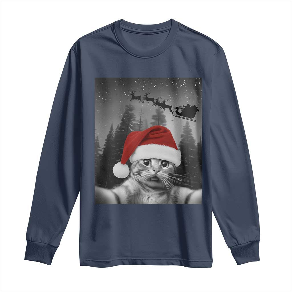 Funny Cat Selfie With Santas Sleigh Christmas Long Sleeve Shirt TS11 Navy Print Your Wear