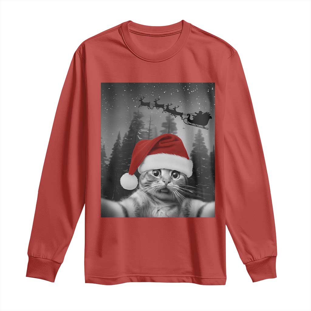 Funny Cat Selfie With Santas Sleigh Christmas Long Sleeve Shirt TS11 Red Print Your Wear