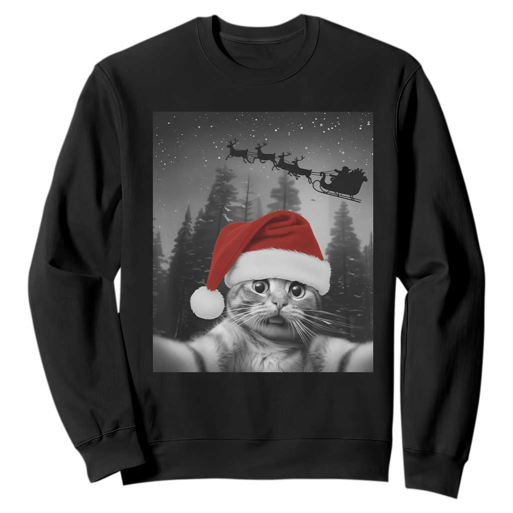 Funny Cat Selfie With Santas Sleigh Christmas Sweatshirt TS11 Black Print Your Wear