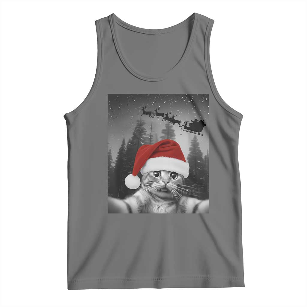 Funny Cat Selfie With Santas Sleigh Christmas Tank Top TS11 Black Heather Print Your Wear