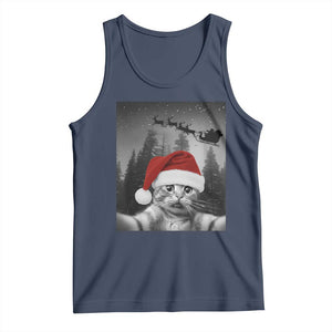 Funny Cat Selfie With Santas Sleigh Christmas Tank Top TS11 Navy Print Your Wear