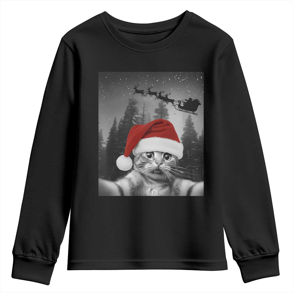 Funny Cat Selfie With Santas Sleigh Christmas Youth Sweatshirt TS11 Black Print Your Wear