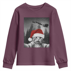 Funny Cat Selfie With Santas Sleigh Christmas Youth Sweatshirt TS11 Maroon Print Your Wear