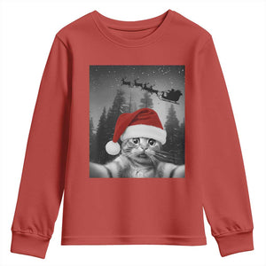 Funny Cat Selfie With Santas Sleigh Christmas Youth Sweatshirt TS11 Red Print Your Wear