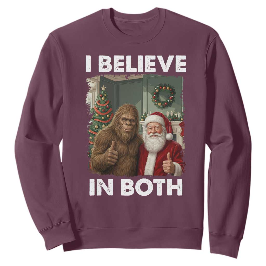 Funny Christmas Santa Bigfoot Sweatshirt I Believe In Both Xmas Holiday TS11 Maroon Print Your Wear