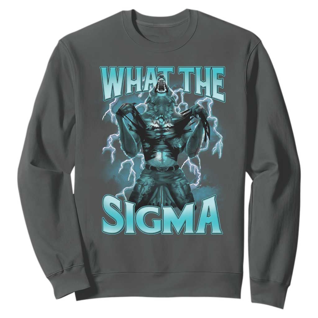 Funny What The Sigma Sweatshirt Alpha Wolf Oddly Specific Thunder Meme TS11 Dark Heather Print Your Wear
