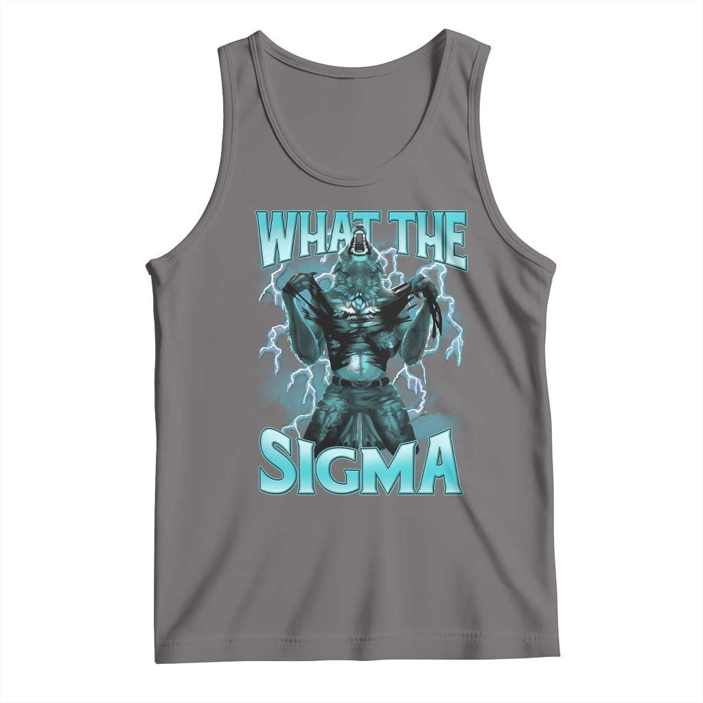 Funny What The Sigma Tank Top Alpha Wolf Oddly Specific Thunder Meme TS11 Deep Heather Print Your Wear