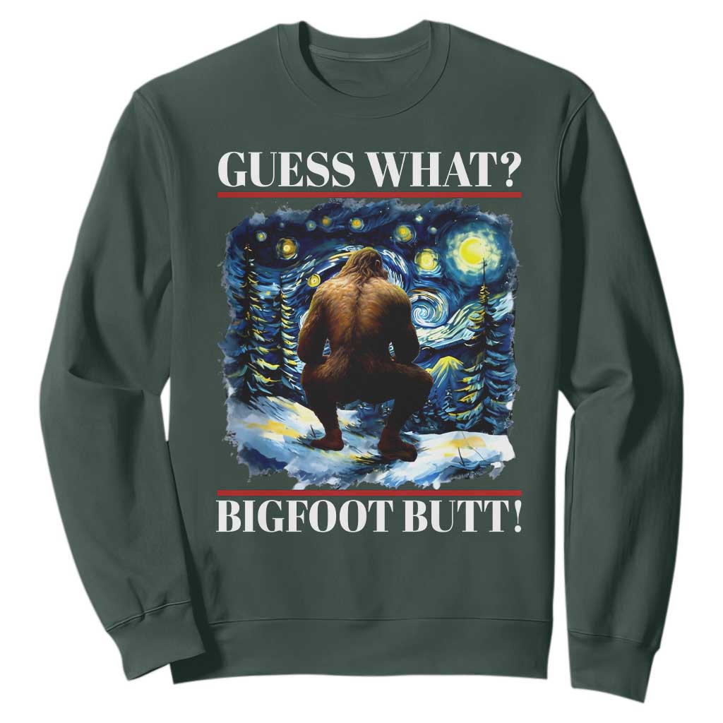 Funny Bigfoot Guess What Sweatshirt Butt Sasquatch Starry Night TS11 Dark Forest Green Print Your Wear