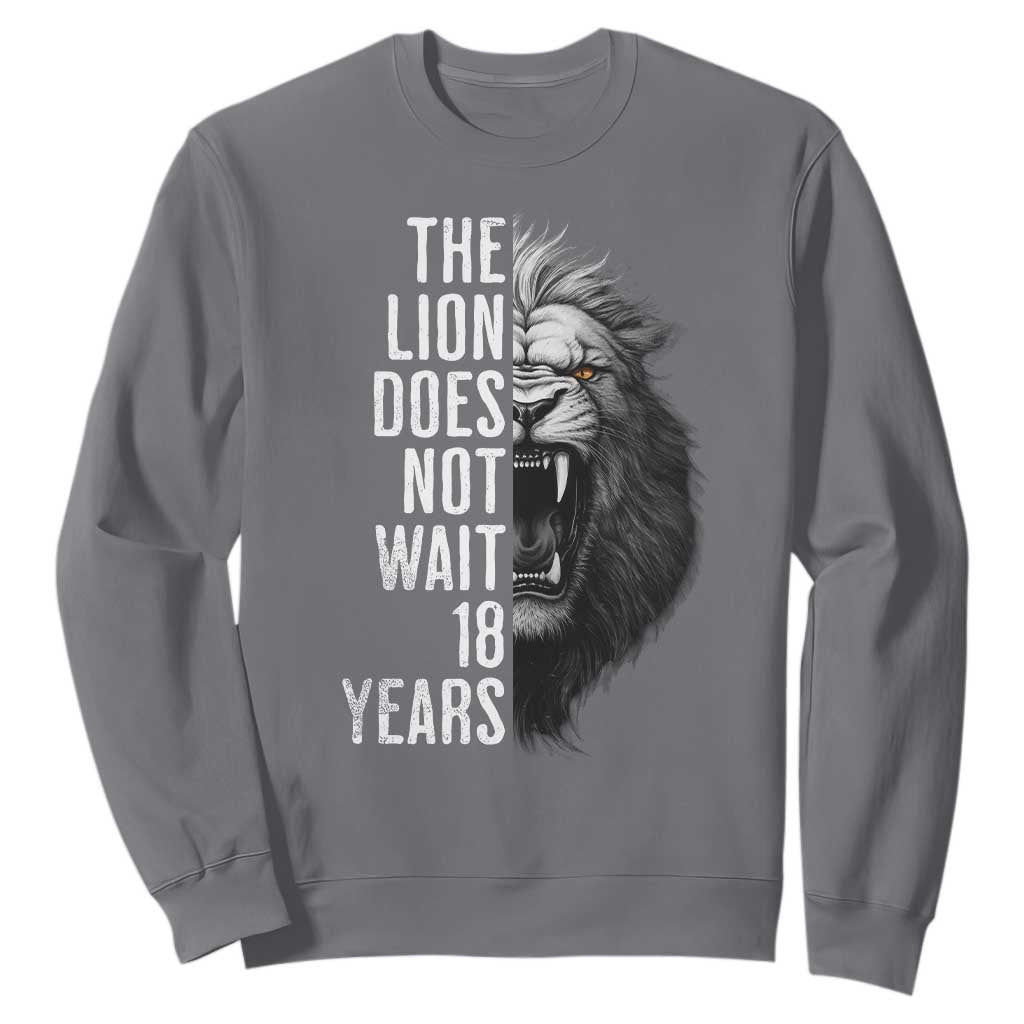 Funny The Lion Does Not Wait 18 Years Sweatshirt Lion Meme Gen Z Alpha TS11 Charcoal Print Your Wear