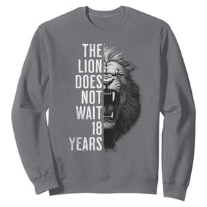 Funny The Lion Does Not Wait 18 Years Sweatshirt Lion Meme Gen Z Alpha TS11 Charcoal Print Your Wear