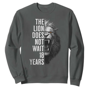 Funny The Lion Does Not Wait 18 Years Sweatshirt Lion Meme Gen Z Alpha TS11 Dark Heather Print Your Wear