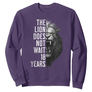 Funny The Lion Does Not Wait 18 Years Sweatshirt Lion Meme Gen Z Alpha TS11 Purple Print Your Wear