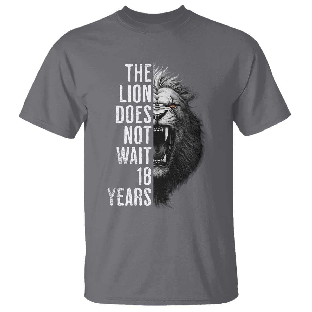 Funny The Lion Does Not Wait 18 Years T Shirt Lion Meme Gen Z Alpha TS11 Charcoal Print Your Wear