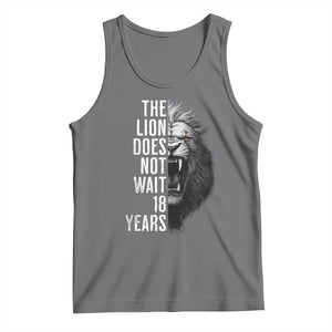 Funny The Lion Does Not Wait 18 Years Tank Top Lion Meme Gen Z Alpha TS11 Black Heather Print Your Wear