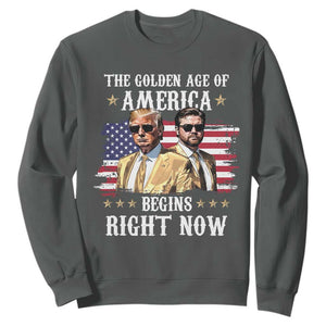 Funny Trump Vance 2025 Sweatshirt The Golden Age Of America Begins Right Now American Flag TS11 Dark Heather Print Your Wear