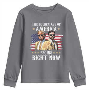 Funny Trump Vance 2025 Youth Sweatshirt The Golden Age Of America Begins Right Now American Flag TS11 Charcoal Print Your Wear