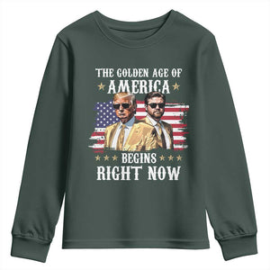 Funny Trump Vance 2025 Youth Sweatshirt The Golden Age Of America Begins Right Now American Flag TS11 Dark Forest Green Print Your Wear