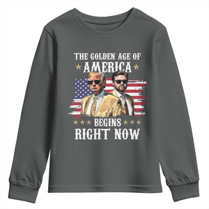 Funny Trump Vance 2025 Youth Sweatshirt The Golden Age Of America Begins Right Now American Flag TS11 Dark Heather Print Your Wear