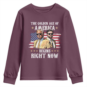 Funny Trump Vance 2025 Youth Sweatshirt The Golden Age Of America Begins Right Now American Flag TS11 Maroon Print Your Wear