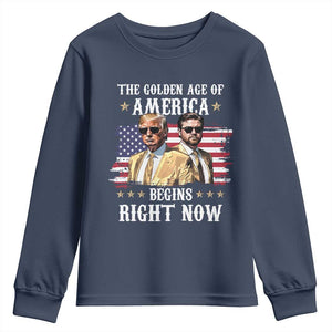 Funny Trump Vance 2025 Youth Sweatshirt The Golden Age Of America Begins Right Now American Flag TS11 Navy Print Your Wear