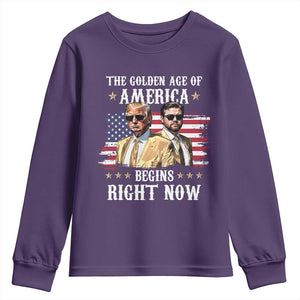 Funny Trump Vance 2025 Youth Sweatshirt The Golden Age Of America Begins Right Now American Flag TS11 Purple Print Your Wear