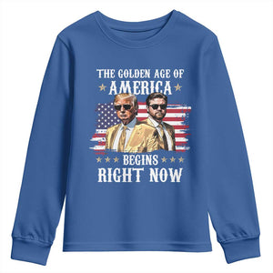 Funny Trump Vance 2025 Youth Sweatshirt The Golden Age Of America Begins Right Now American Flag TS11 Royal Blue Print Your Wear