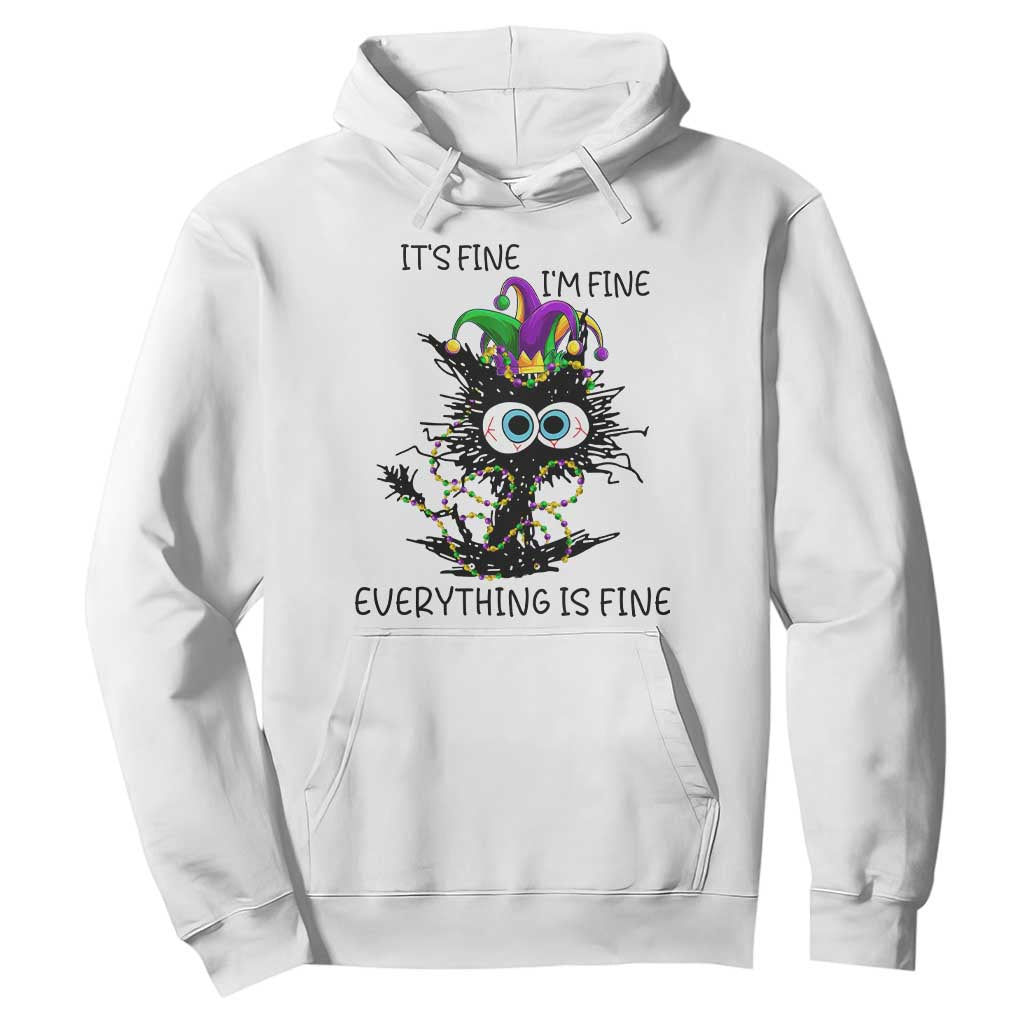 Funny Mardi Gras Cat Hoodie It's Fine I'm Fine Everything Is Fine Jester Hat Beads TS11 White Print Your Wear
