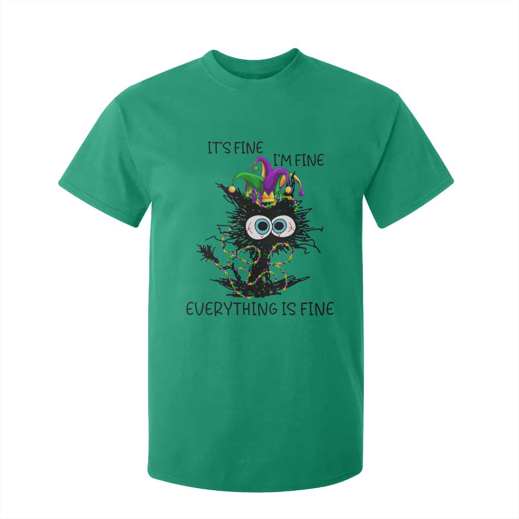 Funny Mardi Gras Cat T Shirt For Kid It's Fine I'm Fine Everything Is Fine Jester Hat Beads TS11 Irish Green Print Your Wear