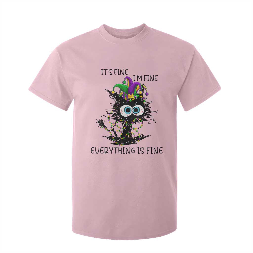 Funny Mardi Gras Cat T Shirt For Kid It's Fine I'm Fine Everything Is Fine Jester Hat Beads TS11 Light Pink Print Your Wear