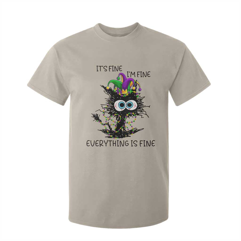 Funny Mardi Gras Cat T Shirt For Kid It's Fine I'm Fine Everything Is Fine Jester Hat Beads TS11 Sand Print Your Wear
